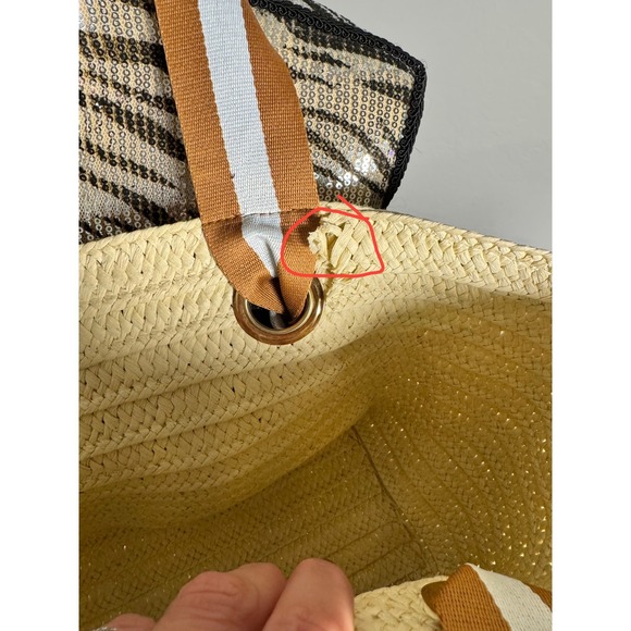 Mark & Graham Straw Tote Bag Beach Summer Tan Brown Stripe Accent - Picture 4 of 9